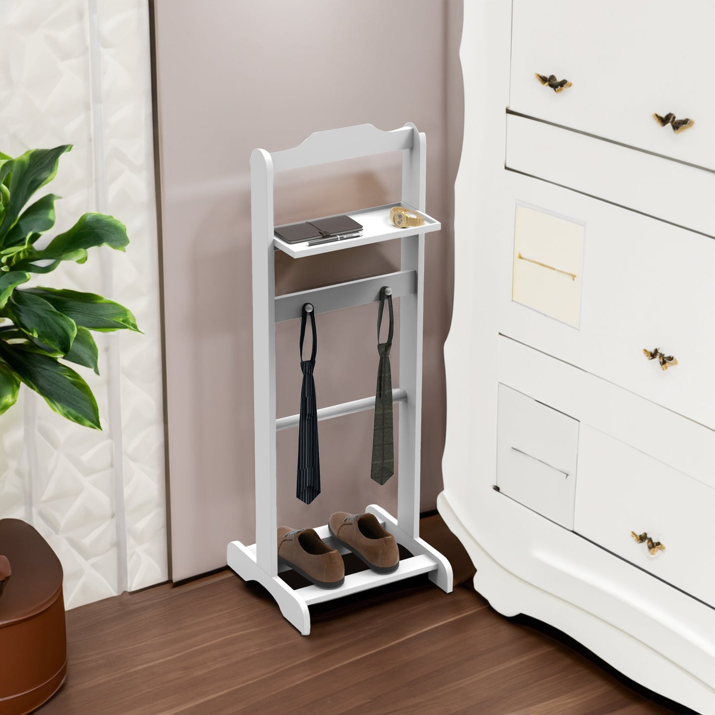 Accent Portable Garment Rack,Clothes Valet Stand with Storage Organizer,White Finish