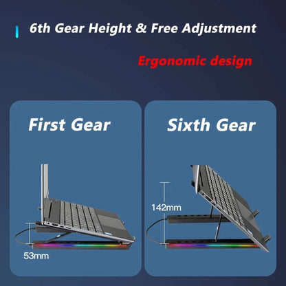RGB Laptop Stand Adjustable 6 Gear Height Heat Dissipation USB Type-c Hub Ergonomic Notebook Holder for MacBook Tablet Phone