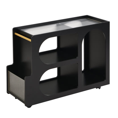Stylish mobile desk with lockable wheels,bedside table with 5mm thick grooved tempered glass and gold round bars ，black