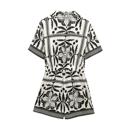 Versatile woven Cuban collar jumpsuit shorts