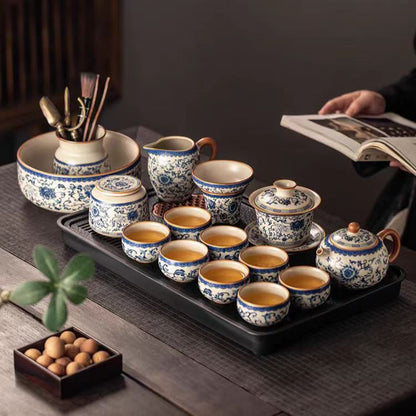 Blue and white rice yellow Ru kiln Kung Fu tea set household ceramic teapot