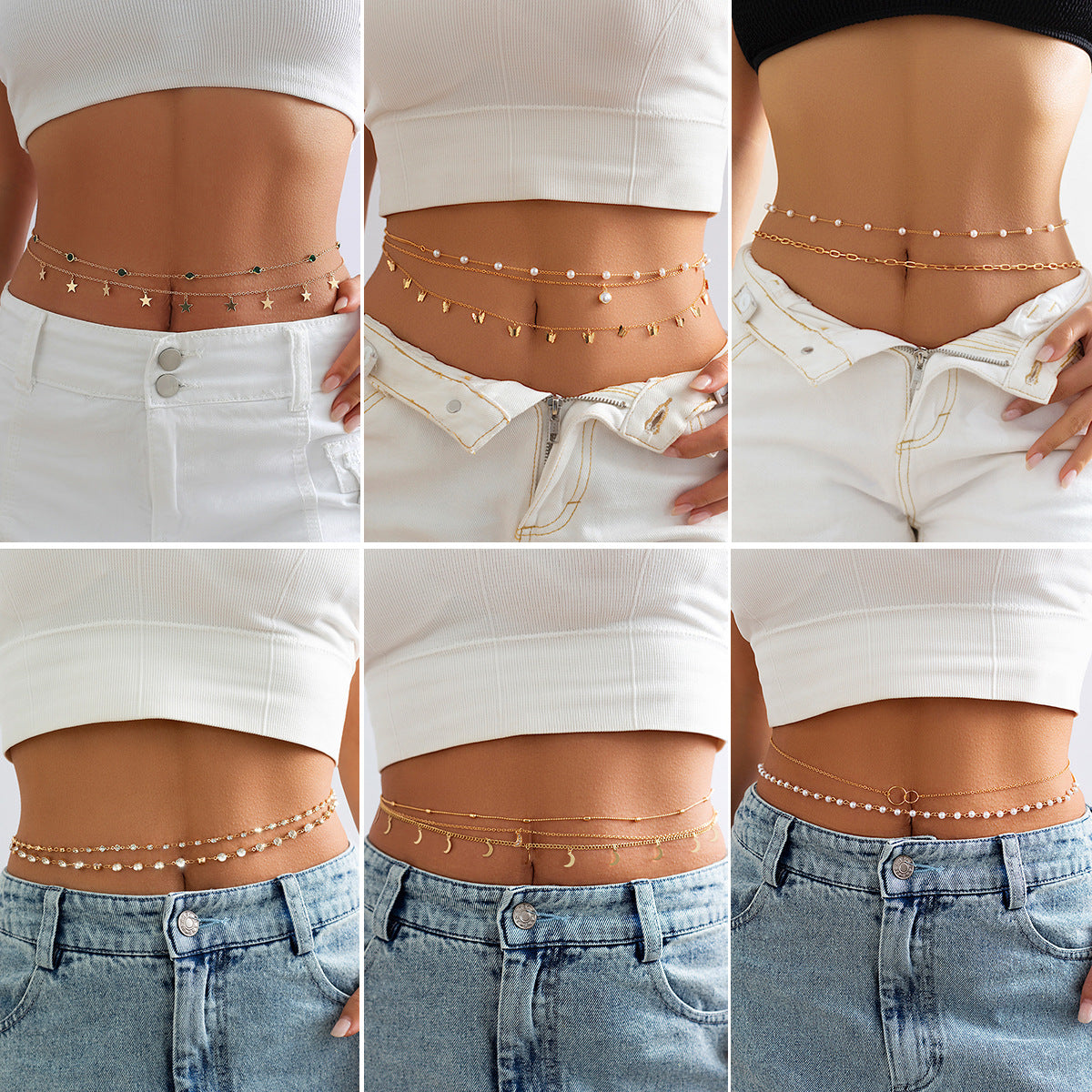 Stacked chain tassel star moon rhinestone waist chain sexy butterfly women's imitation pearl body chain