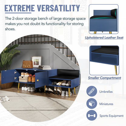 Modern Shoe Storage Bench with Hidden Storage and Upholstered Cushions for Bedside, Living Room and Entryway (Navy)