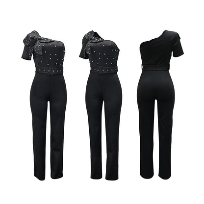 Sleeveless One-Piece Pants - European and American Style Off-the-Shoulder Short Sleeve Slim Fit