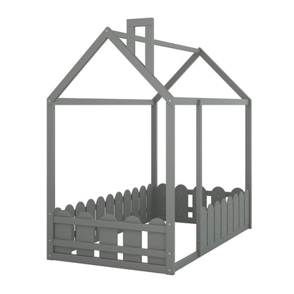 {Slats are not included}Twin Size Wood Bed House Bed Frame with Fence for Kids Teens Girls Boys {Gray}