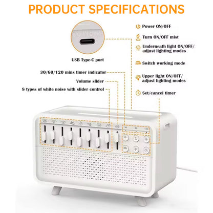 8 - Adjustable - White - Noise Air Aroma Diffuser Humidifier with Night Light and Bluetooth Speaker