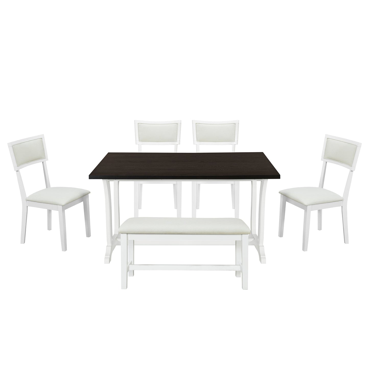 TOPMAX Farmhouse 6-Piece Trestle Dining Table Set with Upholstered Dining Chairs and Bench  59inch, White