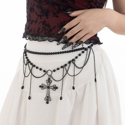 Dark Wind Cross Iron Chain Waist Chain Multi layer Versatile Tassel Crystal Body Chain Female