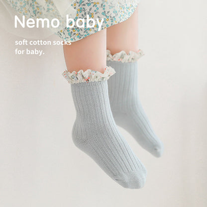 New Girls Socks Combed Cotton Korean Style Baby Socks Chiffon Floral Princess Lace Mid Tube Socks