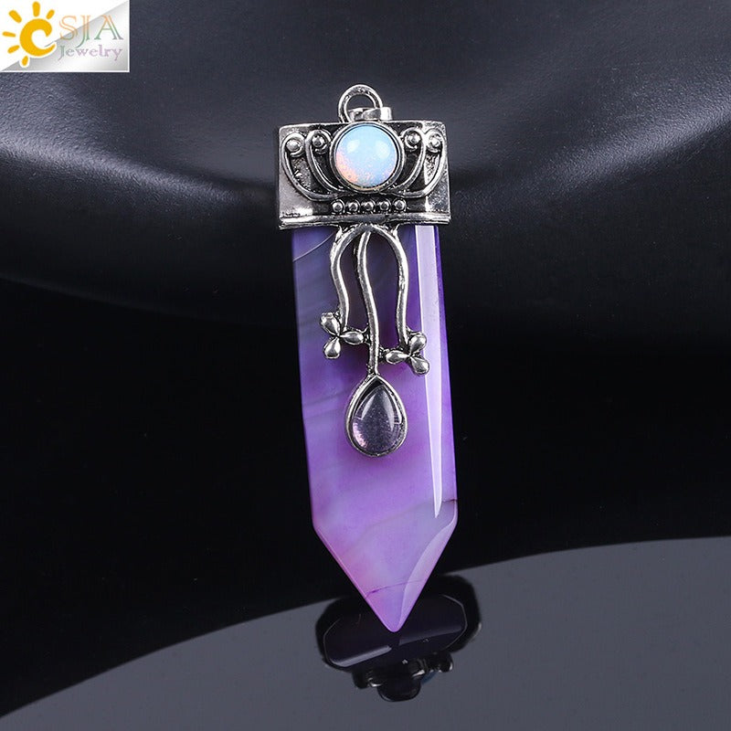 CSJA Vintage Large Natural Stone Sword-Shaped Pendant Jewelry Striped Crystal Agate Tiger Eye Jewelry Pendant Without Chain