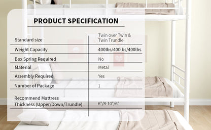 Heavy-duty Sturdy Meta Twin over Twin with Trundle Bunk Bed/l/ Noise Reduced/ Safety Guardrail/No Box Spring Needed,White