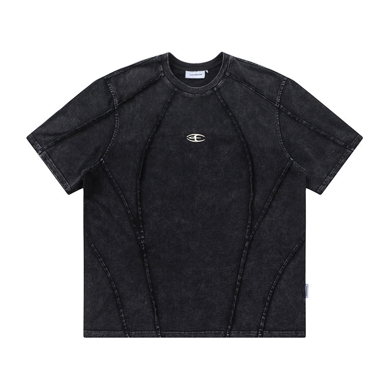 Spliced Raw Edge Short Sleeve T-Shirt Unique Design Hip Hop Men's Washed Vintage Casual Tee
