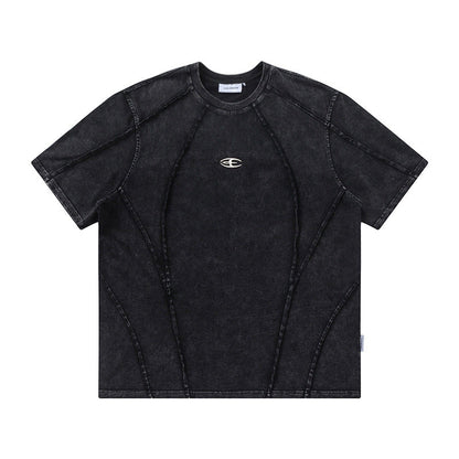 Spliced Raw Edge Short Sleeve T-Shirt Unique Design Hip Hop Men's Washed Vintage Casual Tee