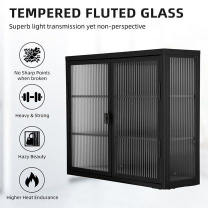 Retro Style Haze Double Glass Door Wall Cabinet With Detachable Shelves for Office Dining Room Living Room