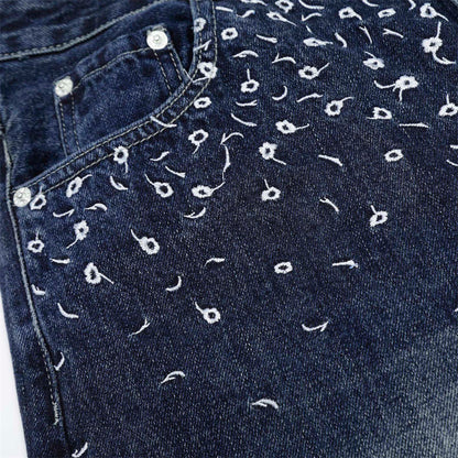 Street Design Floral Embroidered Denim Wide-Leg Long Pants Men's Vibe Trendy Washed Distressed Straight Leg Trousers