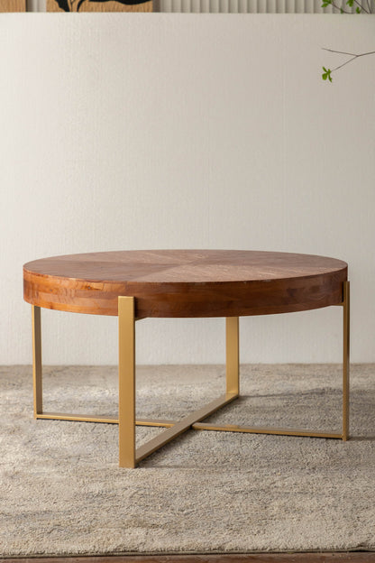 33.86"Modern Retro Splicing Round Coffee Table Fir Wood Table Top with Gold Cross Legs Base(Same SKU:W757126236)