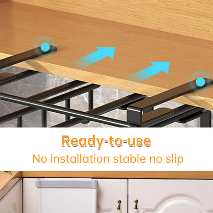 Under - Cupboard Hanging Organizer: Hooks for Paper Towels, Rags, Plus Shelf for Cutting Boards & Pot Covers