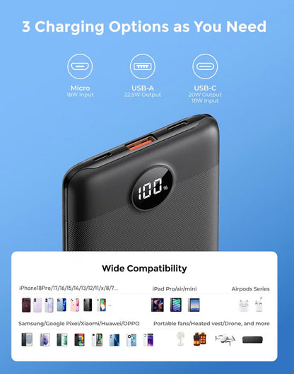 VEEKTOMX Mini Power Bank 10,000mAh | 22.5W Fast Charging Backup Power