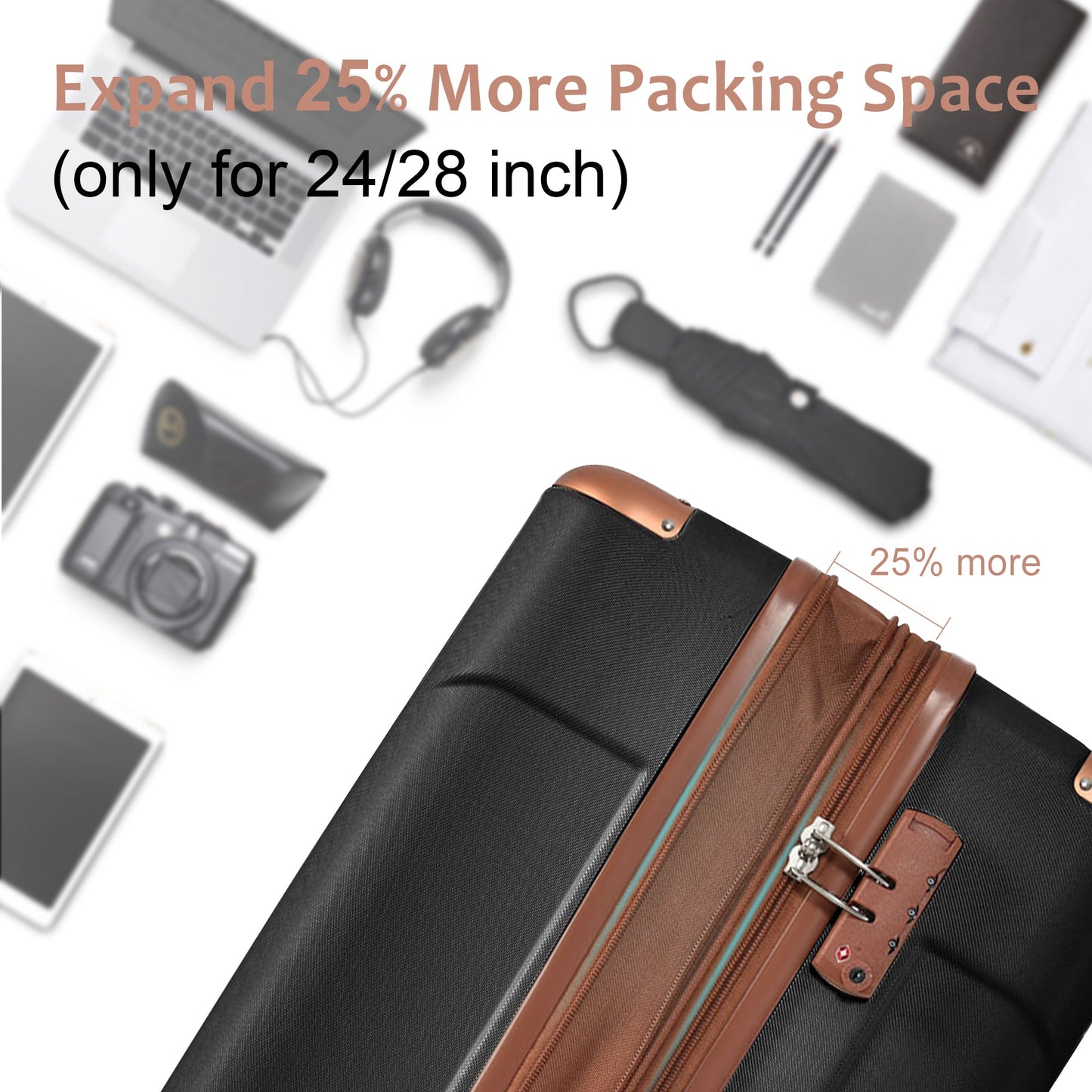 Hardshell Luggage Spinner Suitcase with TSA Lock Lightweight Expandable 24'' (Single Luggage) Black Brown + ABS + 24 Inch