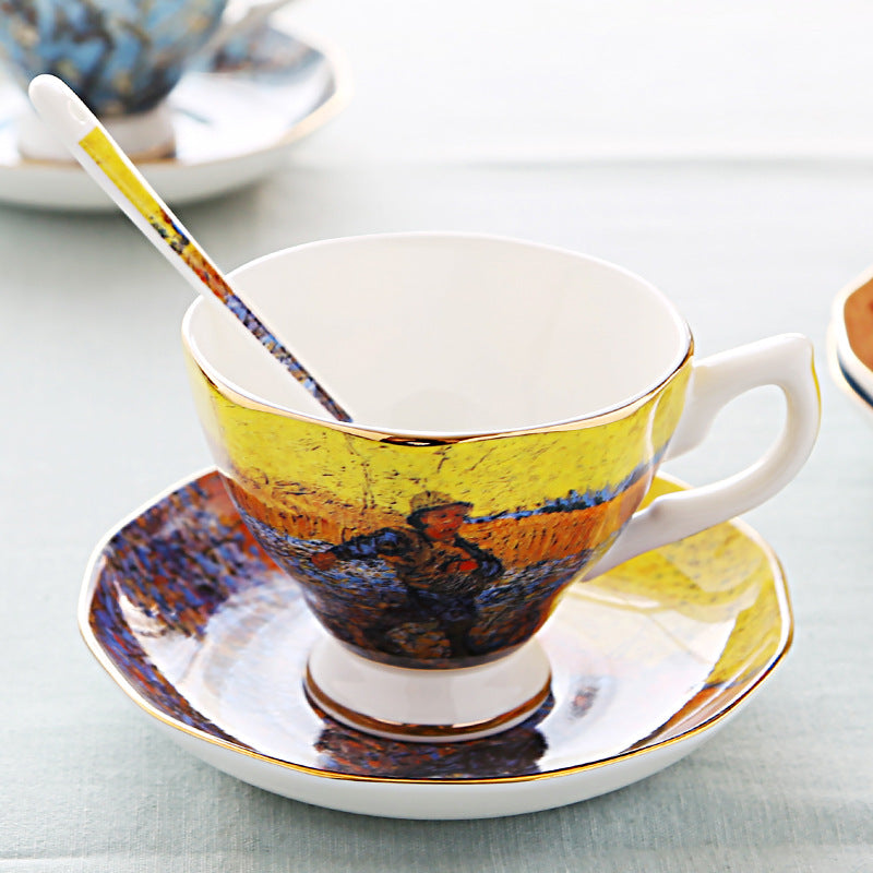 British Luxe Saucer and Spoon Afternoon Tea Cup with Van Gogh Oil Painting Design, Bone China Coffee Cup, Creative Souvenir Ceramic Mug