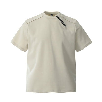 Zipper Design Heavyweight Short Sleeve T-Shirt Men's Loose Round Neck Half Sleeve Tee