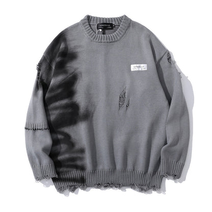 Graffiti Print Crew Neck Knit Sweater Men's Loose Fit Pullover with Hem Holes Street Style Trendy Design