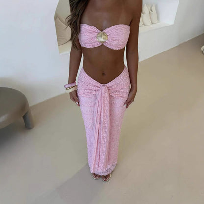 Lace Jacquard Vacation Seaside Leisure Swimsuit Two Piece Set