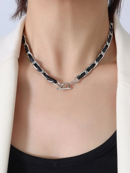 Hip hop design neck chain titanium steel plated 18k real gold leather rope necklace