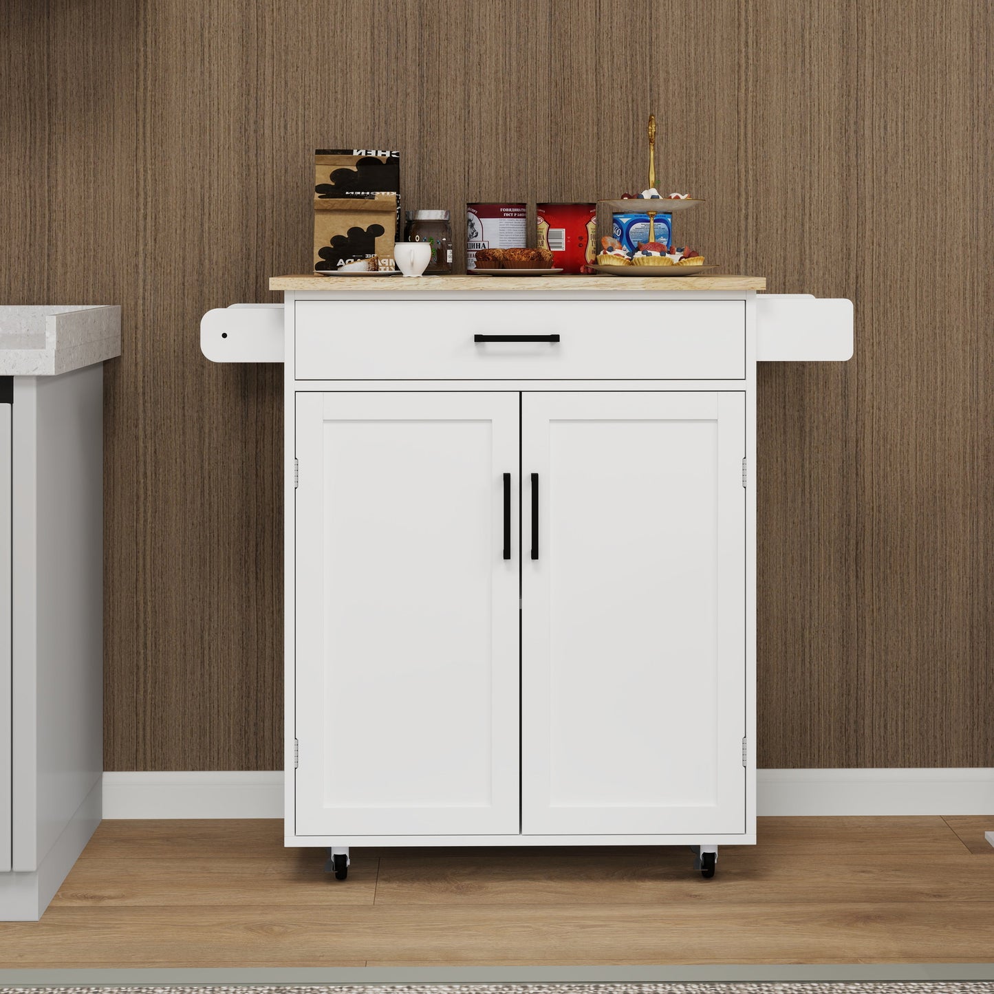 Kitchen island rolling trolley cart with 1 drawer & 2 doors with storage racks & Adjustable Shelves & towel rack