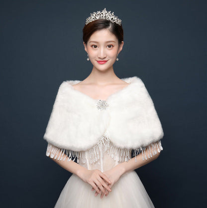 Bride's wedding dress fur shawl women's warm white cloak cheongsam jacket red cloak