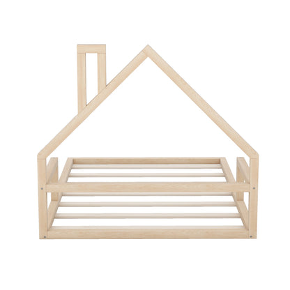 Full Size Wood Floor Bed with House-shaped Headboard  Natural