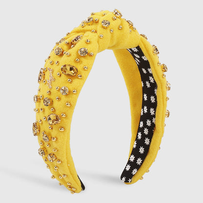 Retro Wide Edge Knot Bead Water Diamond Plush Fabric Thickened Letter Hair Hoop