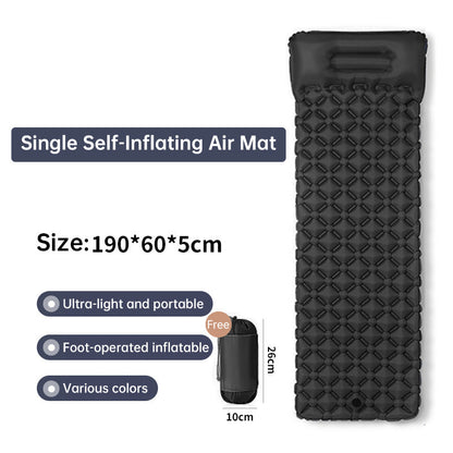 Outdoor double inflatable sleeping pad – with built-in pillow & pump, for camping, backpacking, hiking.