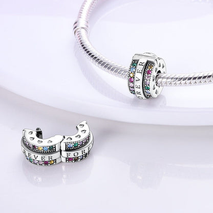 Copper plated S925 silver FOREVER colorful heart clip beads string DIY bracelet necklace