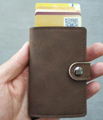 RFID Protected Vintage Automatic Leather Credit Card Holder Men Aluminum Alloy Hasp Business ID Multifunction Cardholder Wallet