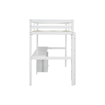 Twin Loft Wood Bed with Under-bed, Built-in Desk, a Storage Cabinet of 2 Drawers, Guardrails, Ladder,White