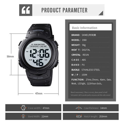 SKMEI 10 Years Battery Men's Watch 100M Waterproof Alarm Clock Sport Watches LED Digital Man Wrist Watch relogio masculino 1560