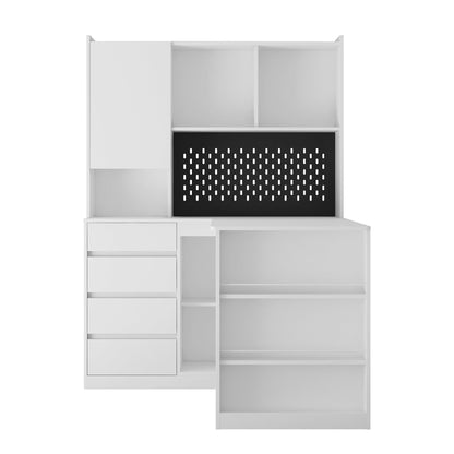 L-shaped office desk with charger, bookshelf with drawers and LED lights, and corner gaming computer desk with storage space