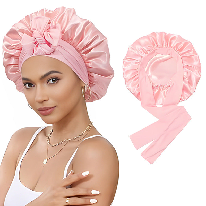 Bow bow ribbon nightcap single-layer color Ding round hat long tail hair care hat
