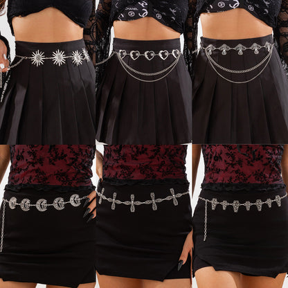 Gothic style spider web iron chain body chain retro carved sunflower alloy waist chain
