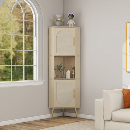 Corner cabinet ,Rattan door,Freestanding Corner Tables For Small Spaces, Corner Shelf Stand For Living Room, Kitchen, Bathroom
