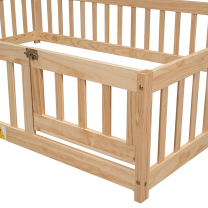 Full House-Shaped Headboard Floor Bed with Fence Natural