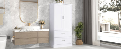 Tall Bathroom Storage Cabinet, Cabinet with Two Doors and Drawers, Adjustable Shelf, MDF Board, White