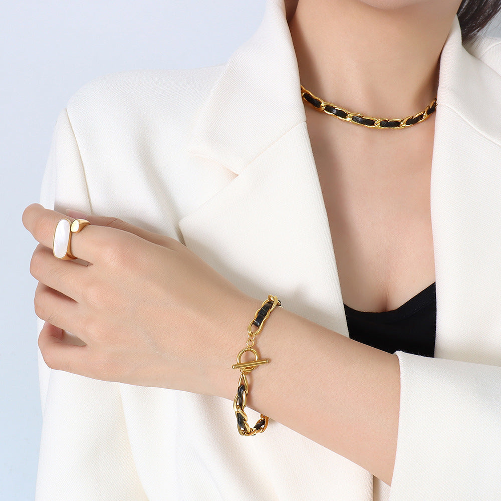 Hip hop design 18k real gold leather rope bracelet jewelry