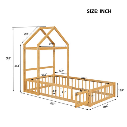 Wooden Twin Size Children's Bed with Detachable Headboard and Integrated Clothes Drying Rack, Natural