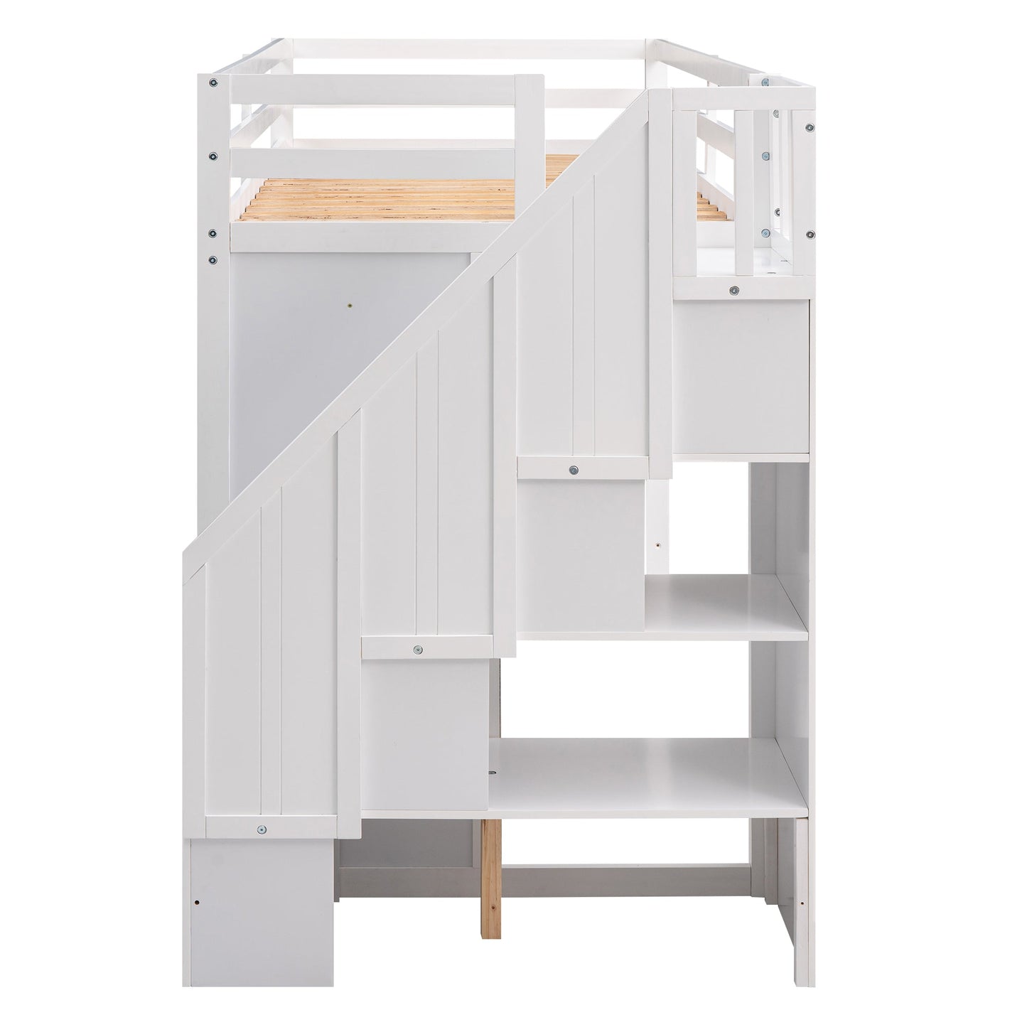Functional Loft Bed with 3 Shelves, 2 Wardrobes and 2 Drawers, Ladder with Storage, No Box Spring Needed, White