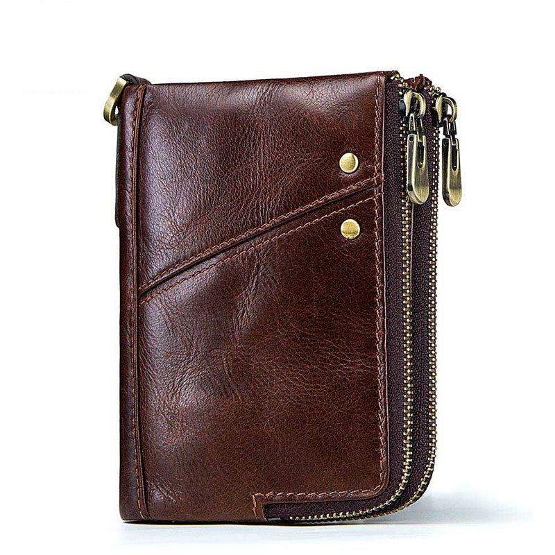 Anti-Theft Brush RFID Genuine Leather Men's Wallet Multifunctional Double Zipper Vertical Wallet Fashion Casual Coin Purse