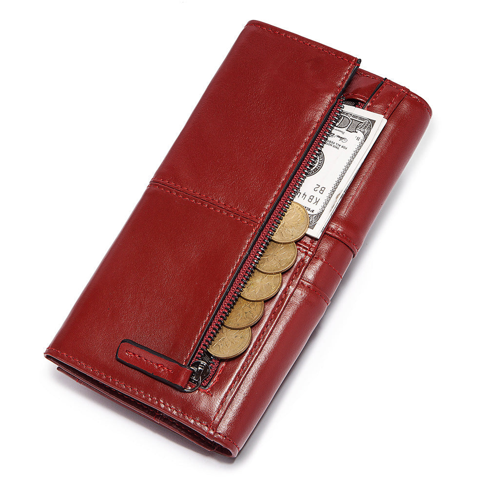 Anti-Theft Brushed Genuine Leather Ladies Wallet Top Layer Cowhide Long Women's Bag Multi-Card Card Holder Mobile Phone Bag Clutch Bag
