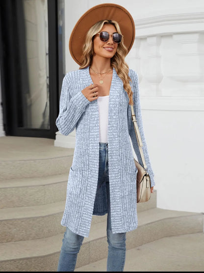Autumn and winter long color long sleeved loose pocket cardigan jacket for women