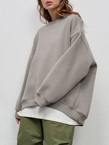 Autumn and winter new solid color round neck loose pullover sweatshirt long sleeved fleece sweater for women